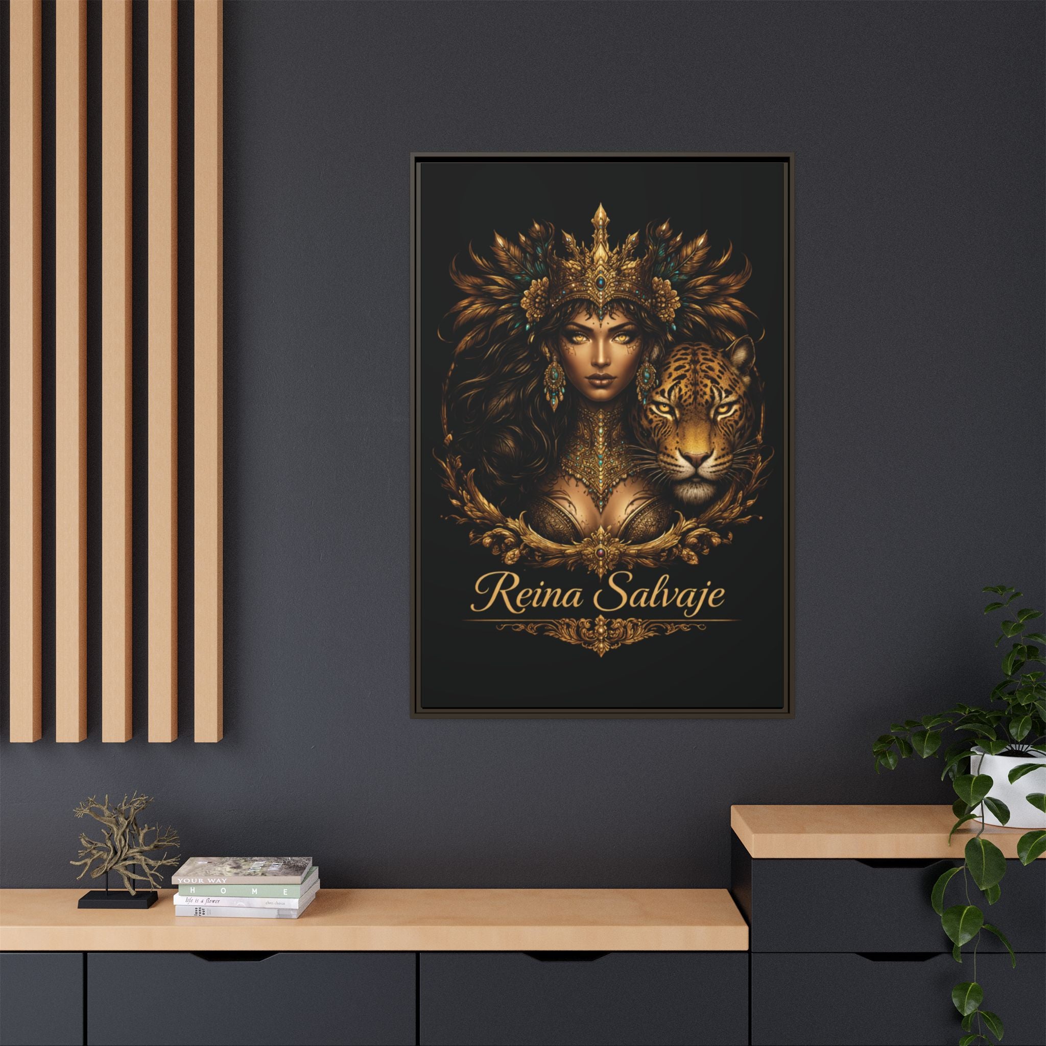 Reina Salvaje Matte Framed Canvas Art — Golden Goddess & Tiger Wall Decor