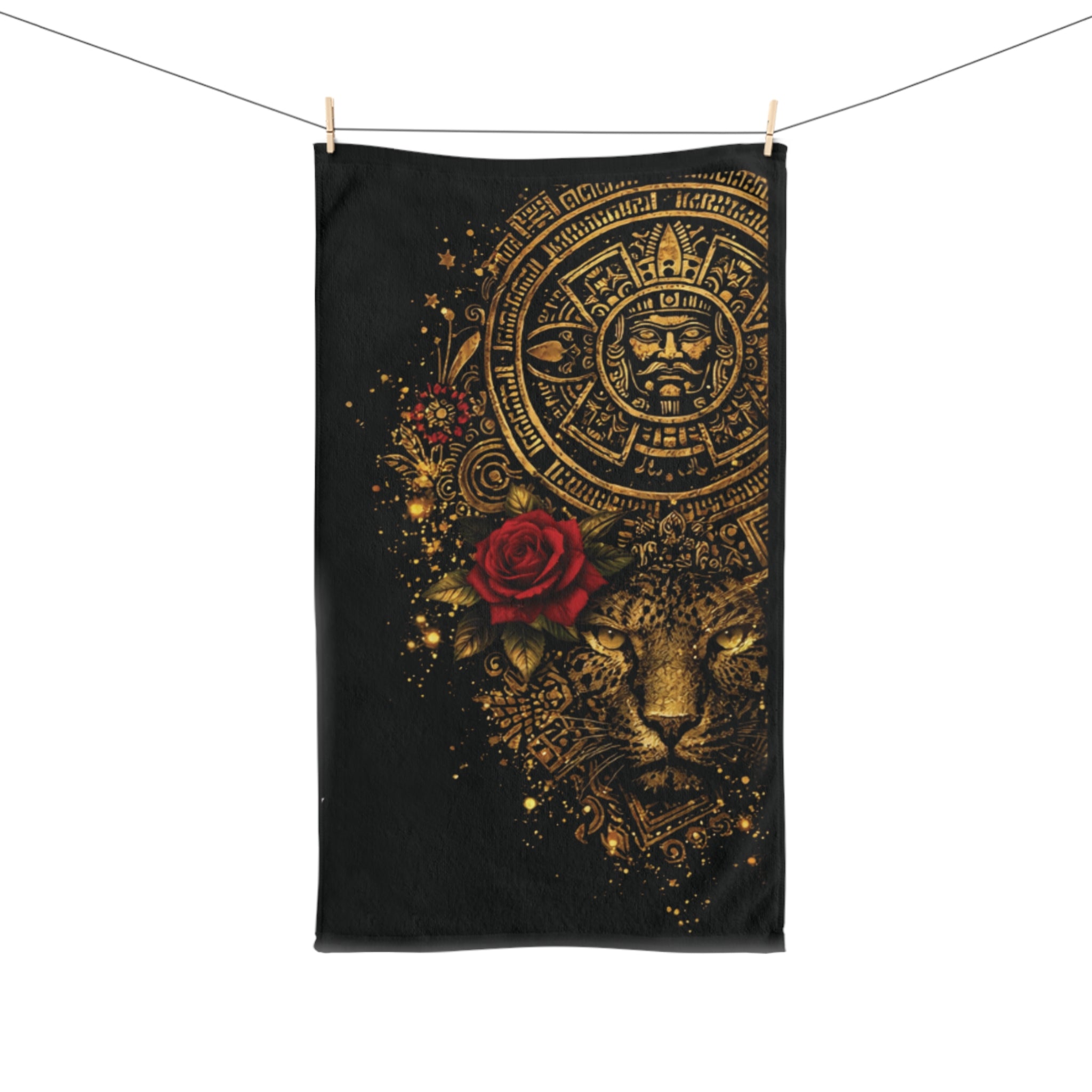 Reina Azteca Jaguar Hand Towel — Gold Calendar & Red Rose Decorative Towel