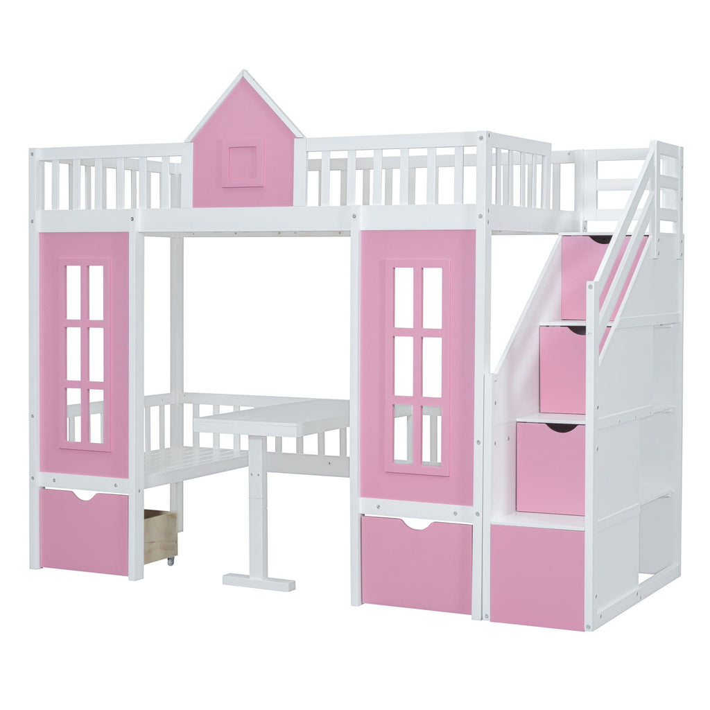 Twin Over Twin Bunk Bed with Convertible Desk - Pink or White