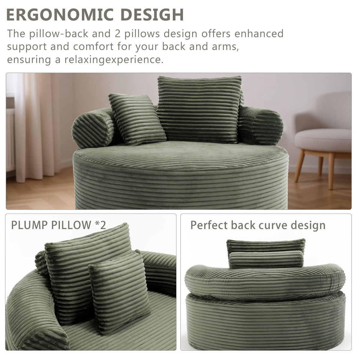 Round Sofa Bed with Memory Foam and 3 Pillows - Multiple Colors