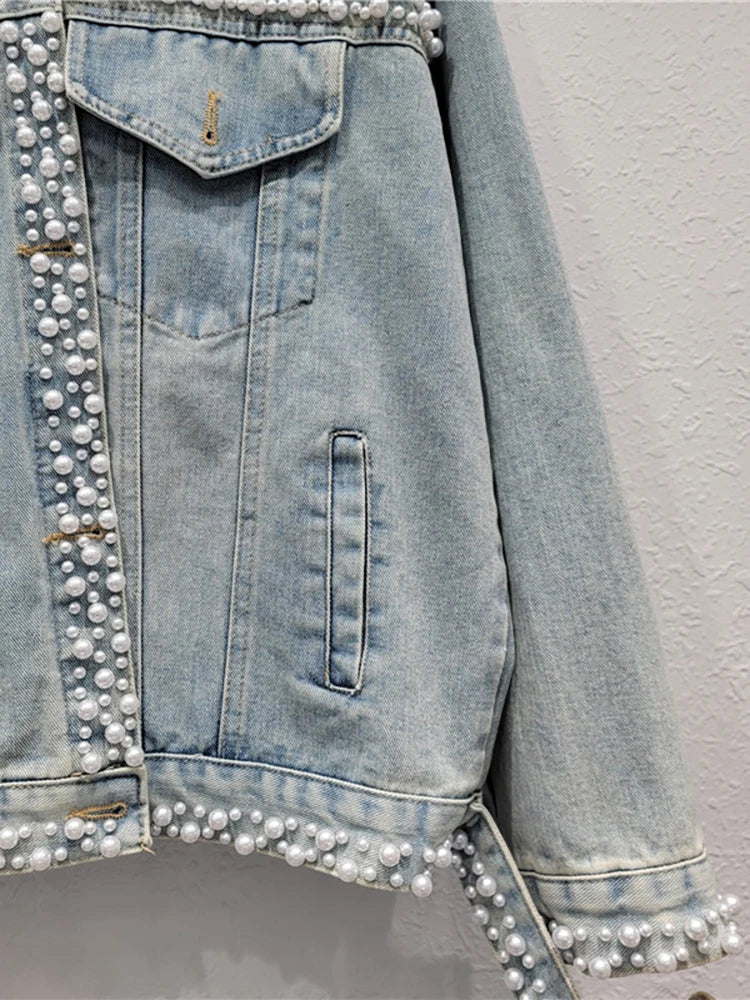 Women's Denim Coat Washed Light Blue Perals Embroidered Flares Single Breasted Jackets  Autumn New Fashion