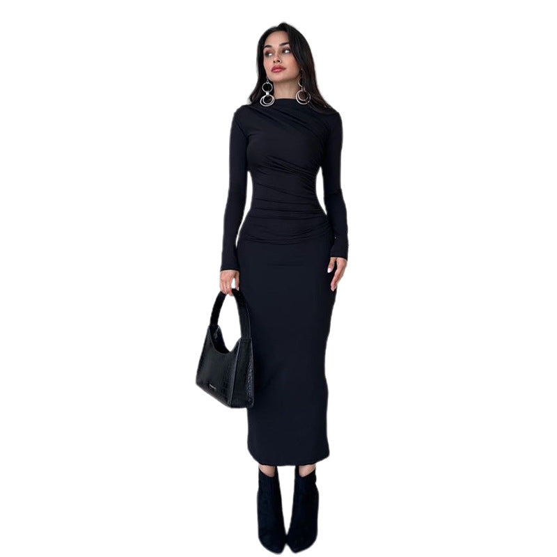Solid Color Long Sleeve Round Neck Fitted Bodycon Dress