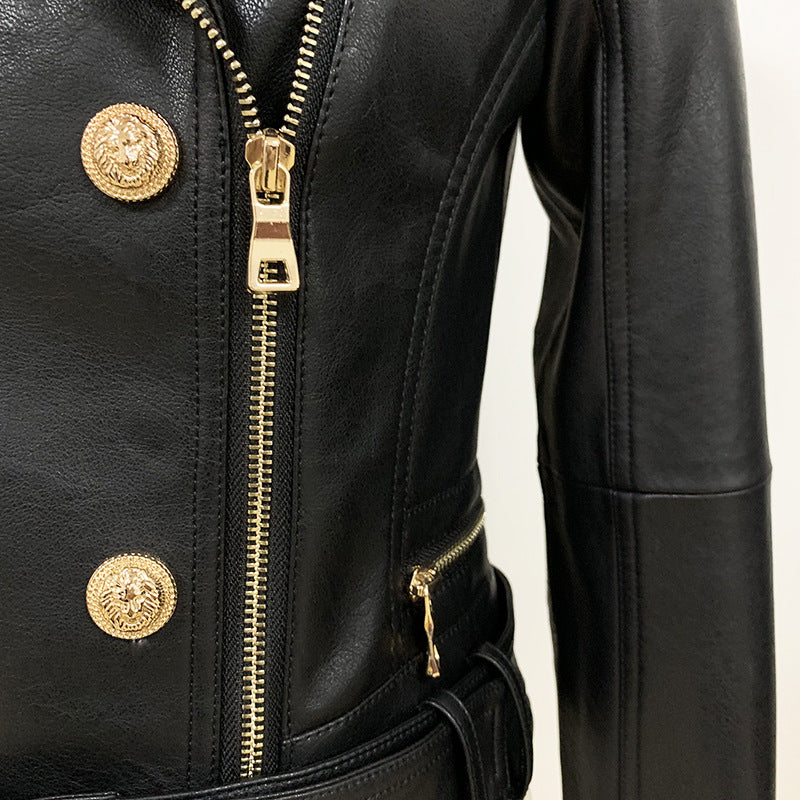 New Women's Jacket Fashion Lion Button Slim Fit Double Zipper Inclined Zipper Motorcycle Leather Coat