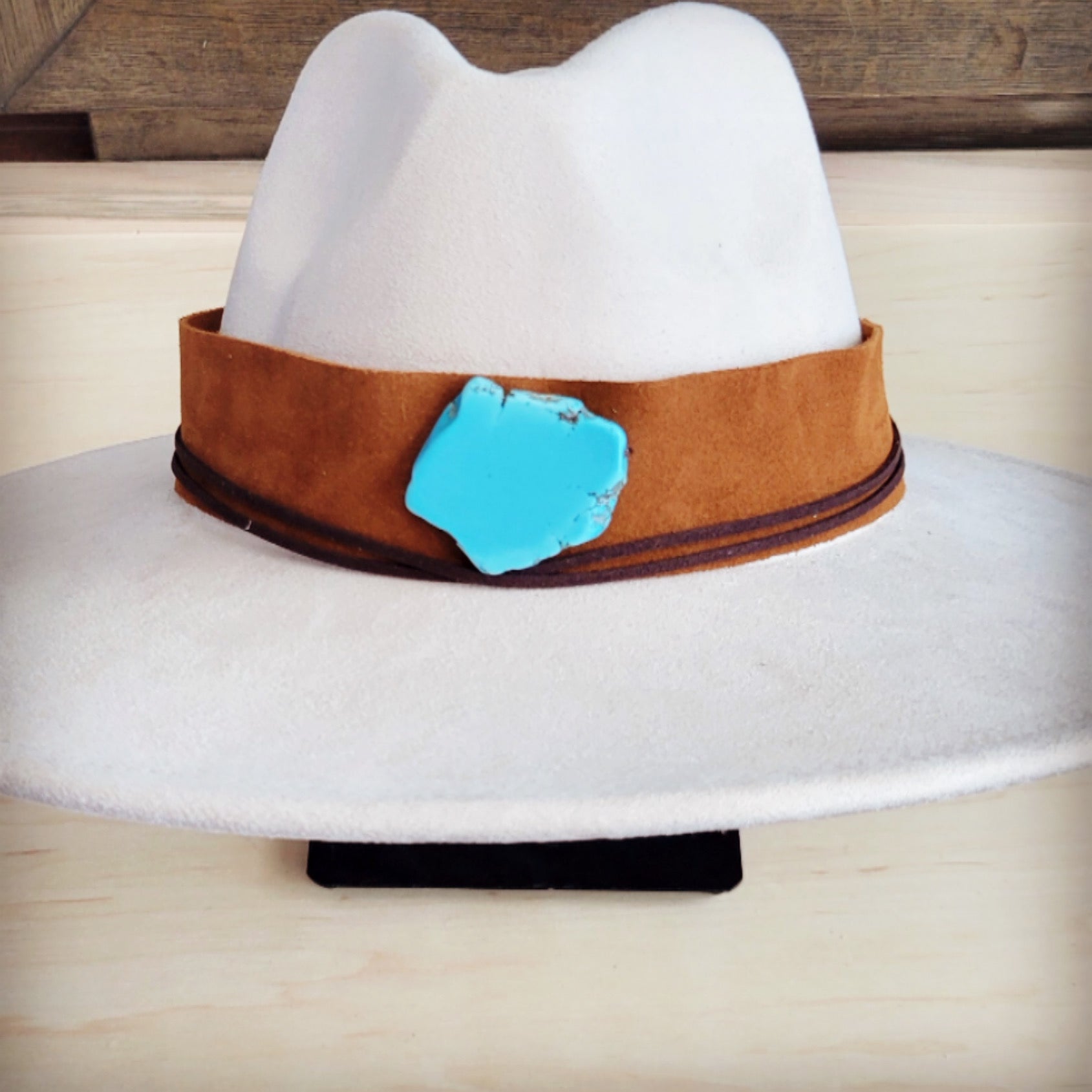 Wide Genuine Leather Tan Suede Hat Band w/ Turq 953r