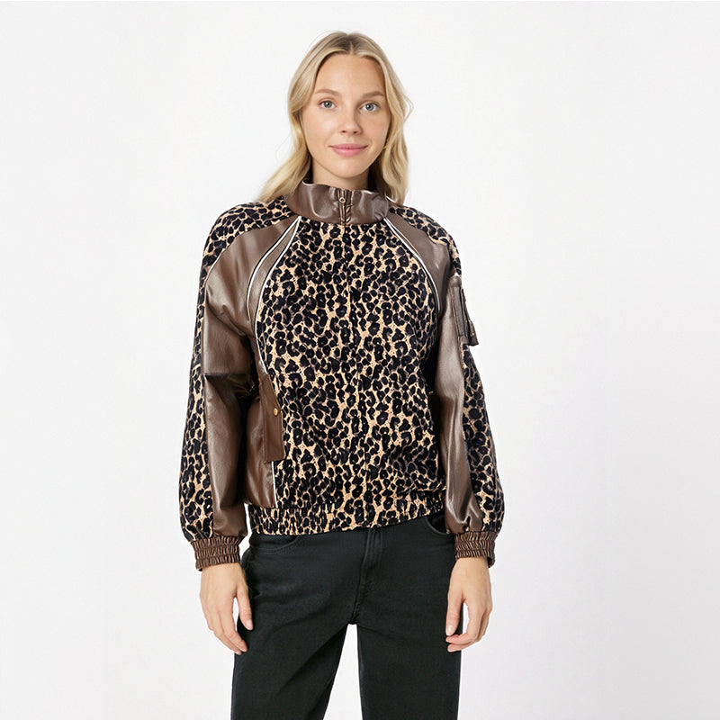 Leopard Patchwork Faux Leather Moto Jacket