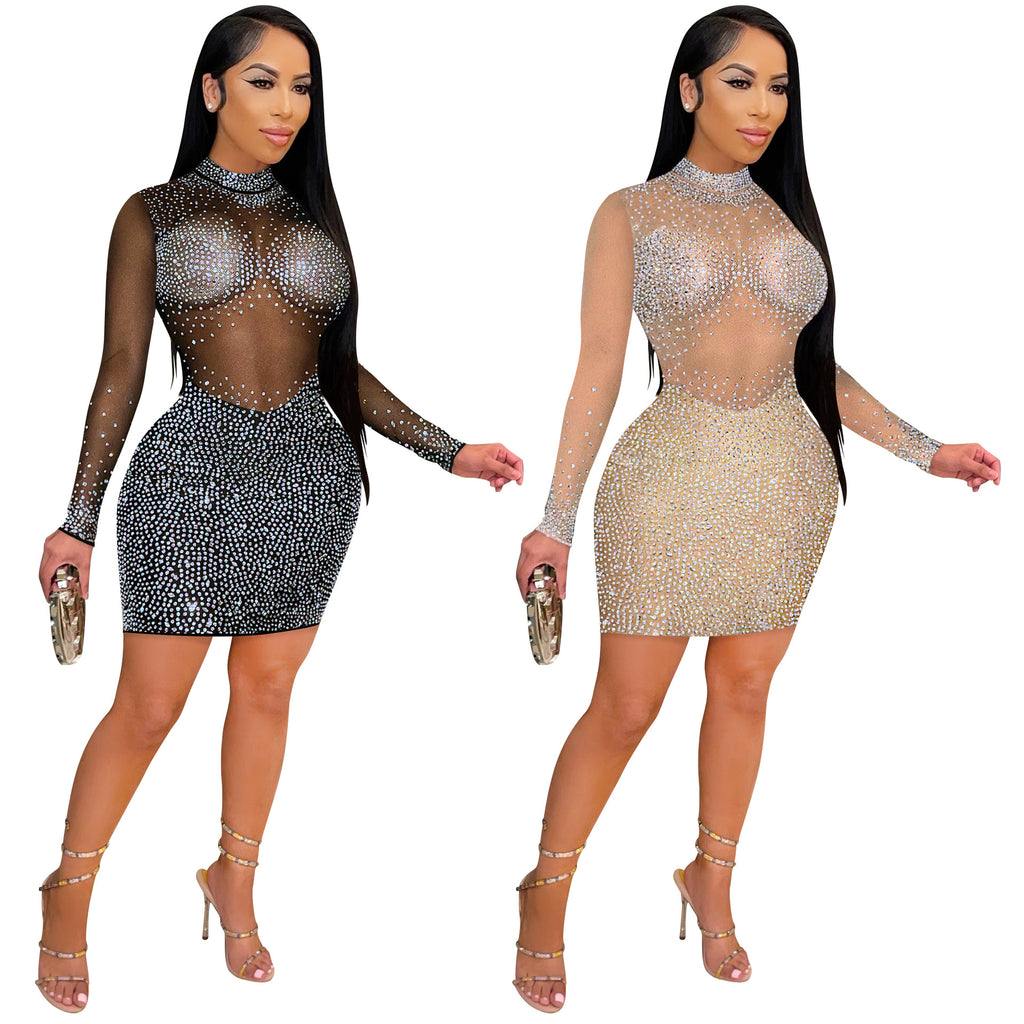 Glitter Mesh Long-Sleeve Mini Dress