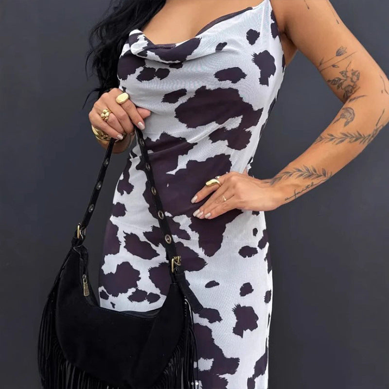 Spring New Fashion Brand Denim Jeans High Waist Cow Print Denim High Waist Dress