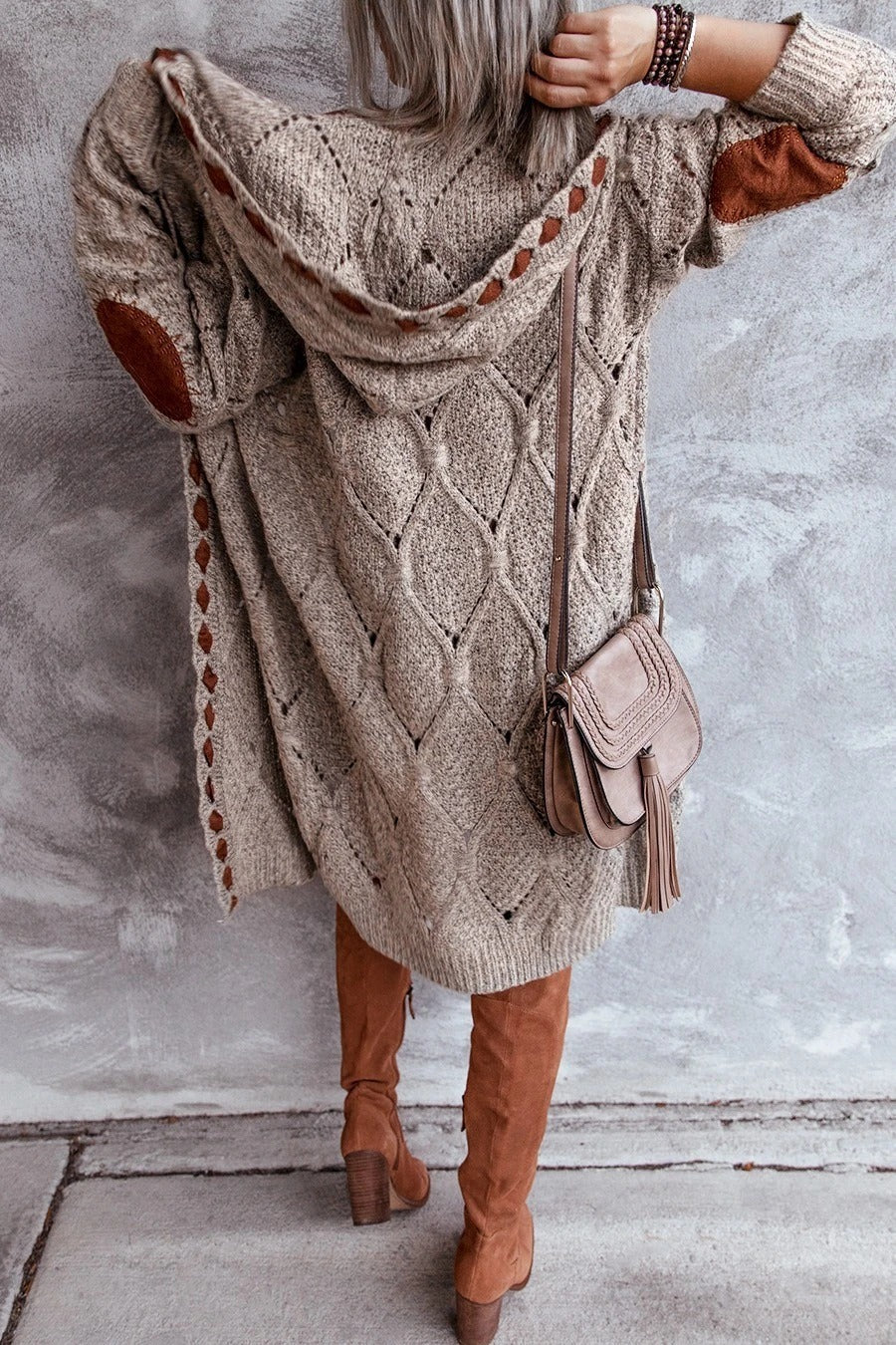 Hooded knitted long cardiagan
