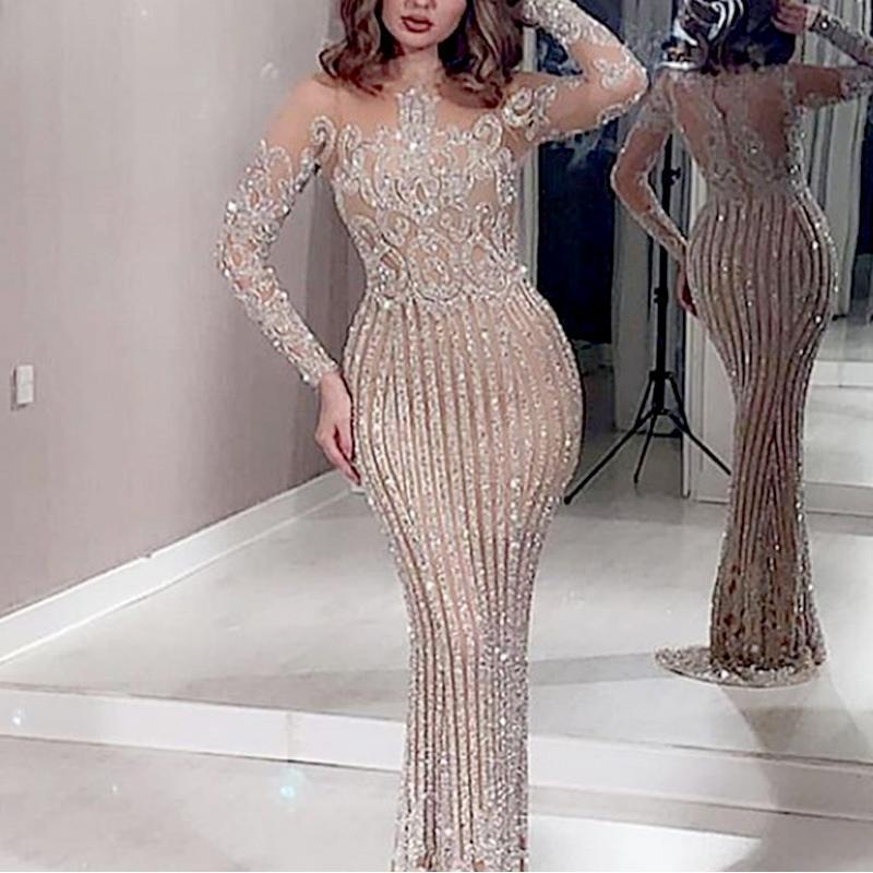Long skirt mid waist temperament commuting gold sequins solid color chest wrap stretch gold slimming dress