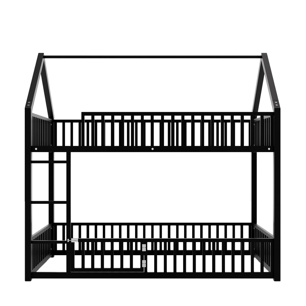 Metal House Bunk Bed with Fence and Door - Twin over Twin