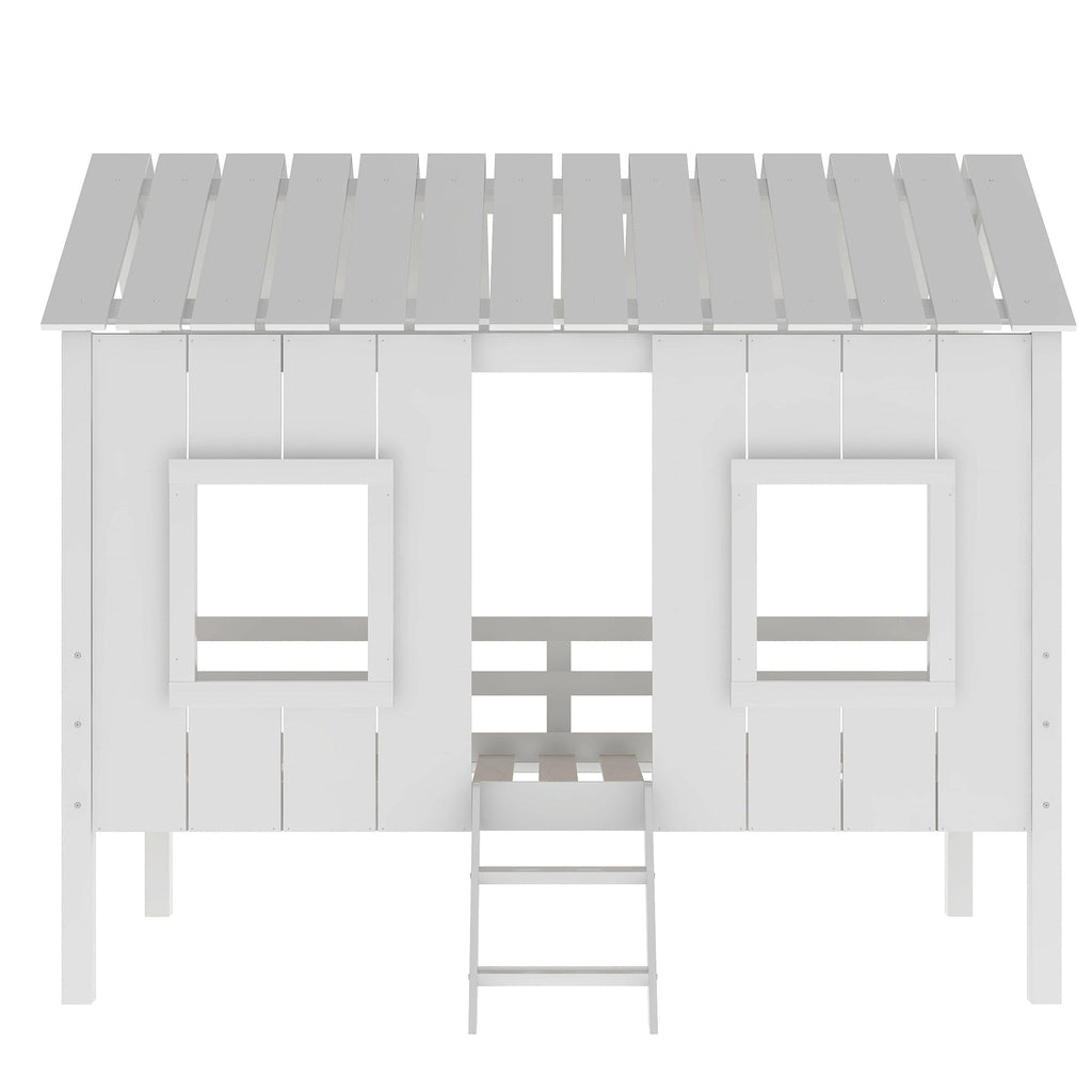 Twin Size Low Loft House Bed with Roof and 2 Front Windows - White