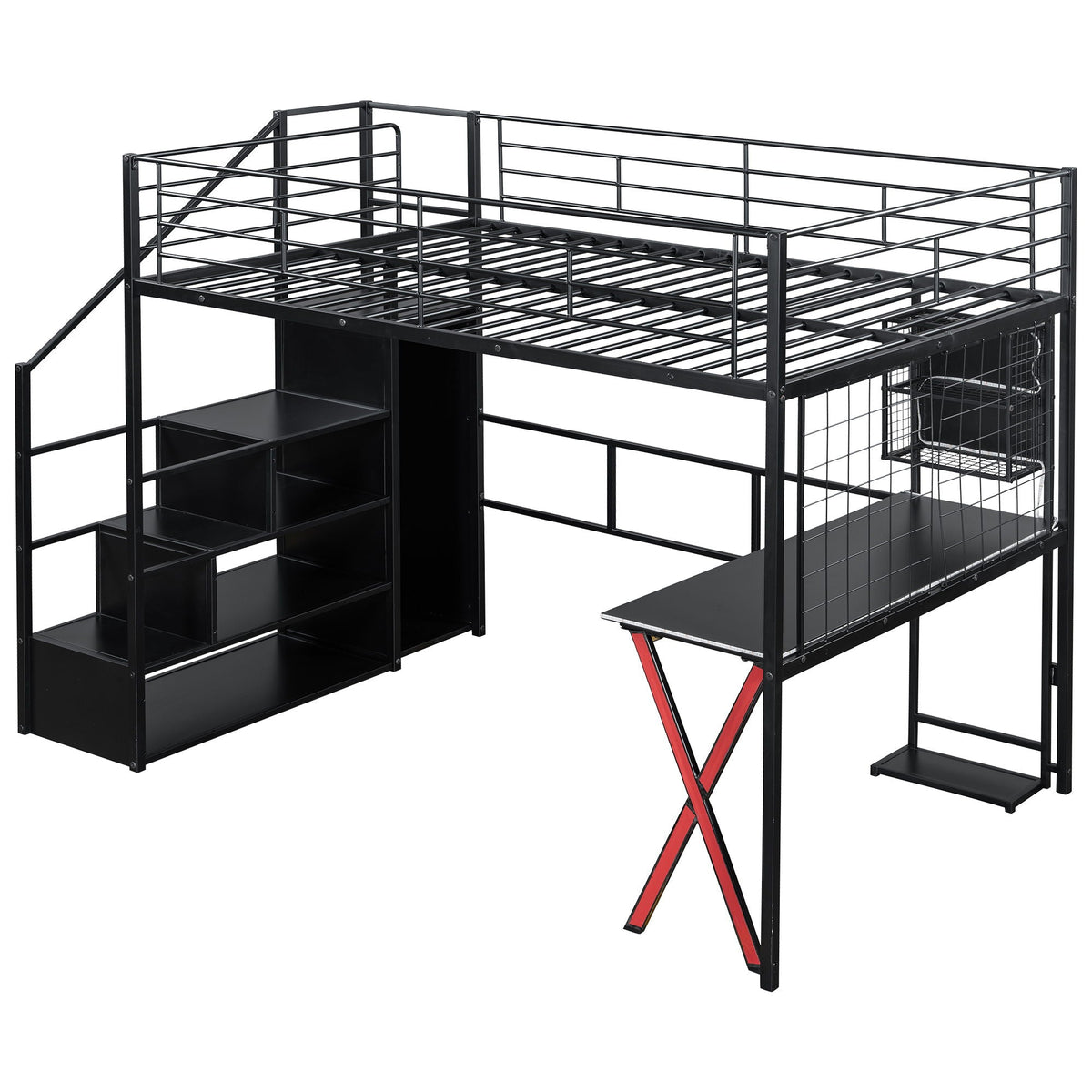 Loft Bed with Built-In Work Station, Wardrobe & Storage Staircase – White or Black