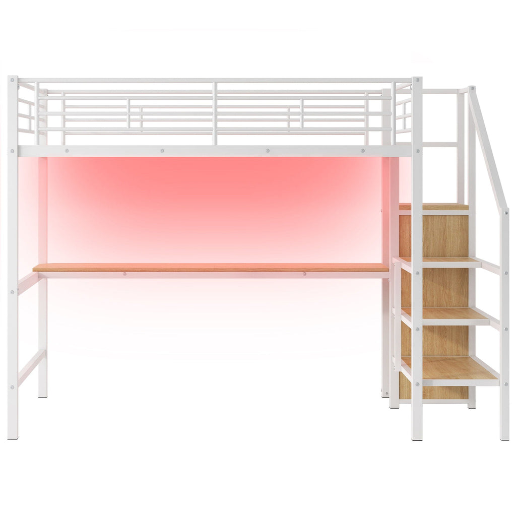 Full Size Loft Bed with Desk, Storage Staircase & Wardrobe - Black or White