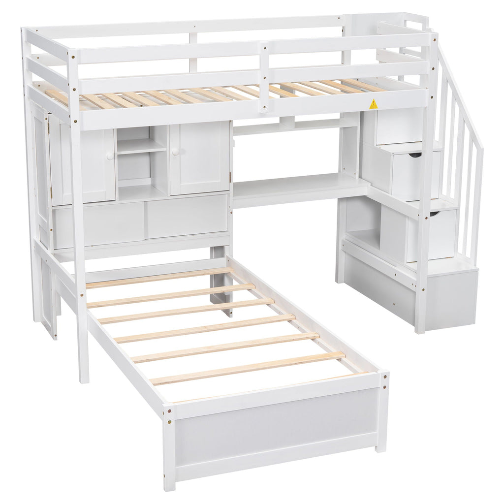 Twin Over Twin Loft Bed with Built-In Desk and Staircase - White or Light Brown