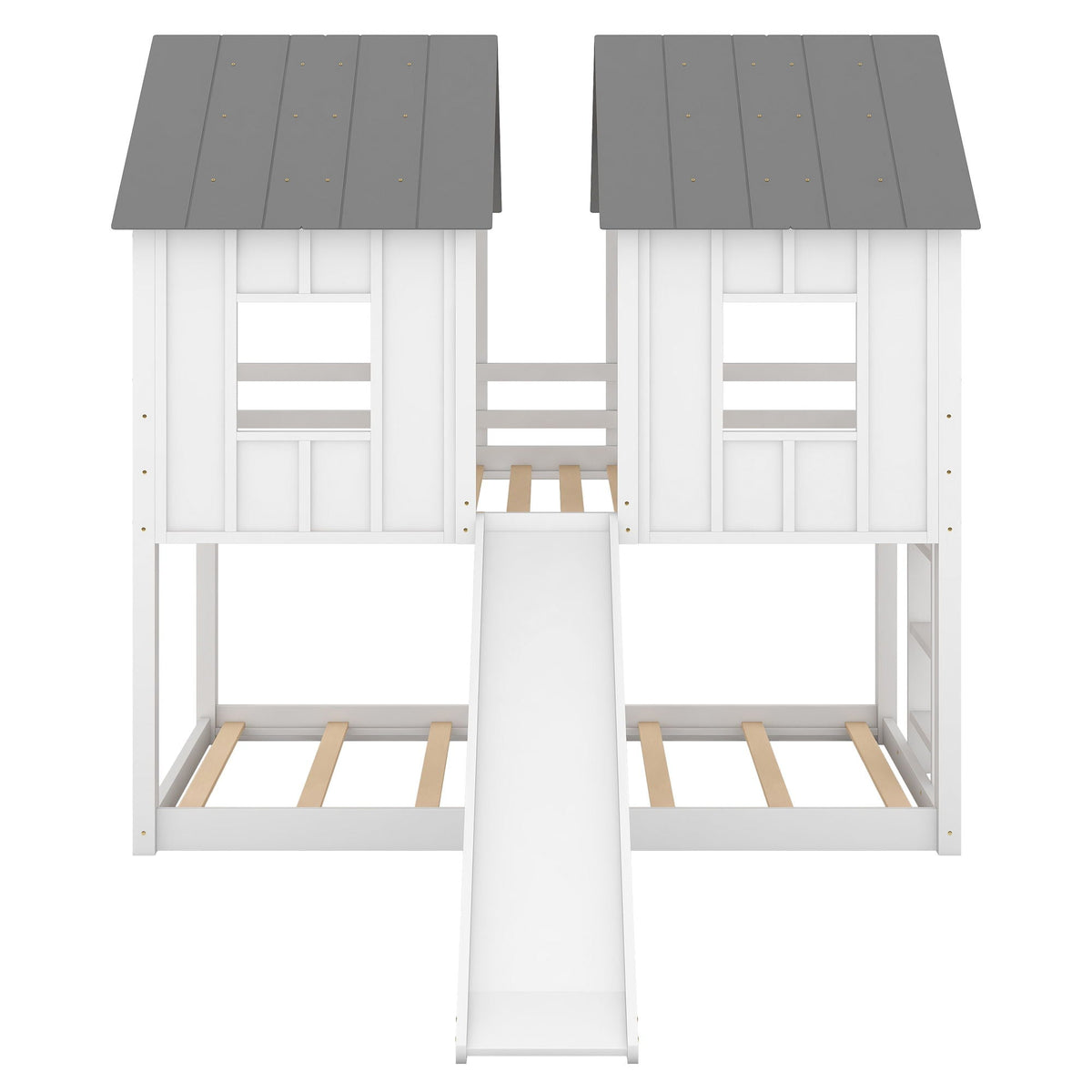 House Bunk Bed with Slide and Windows – Twin Over Twin in White/Gray