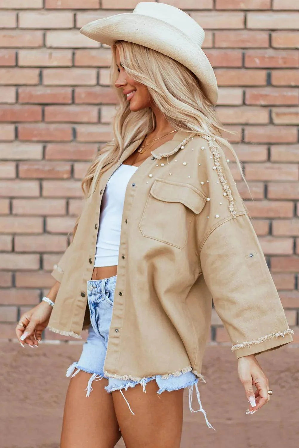 Raw Hem Pearl Trim Dropped Shoulder Denim Jacket for Women