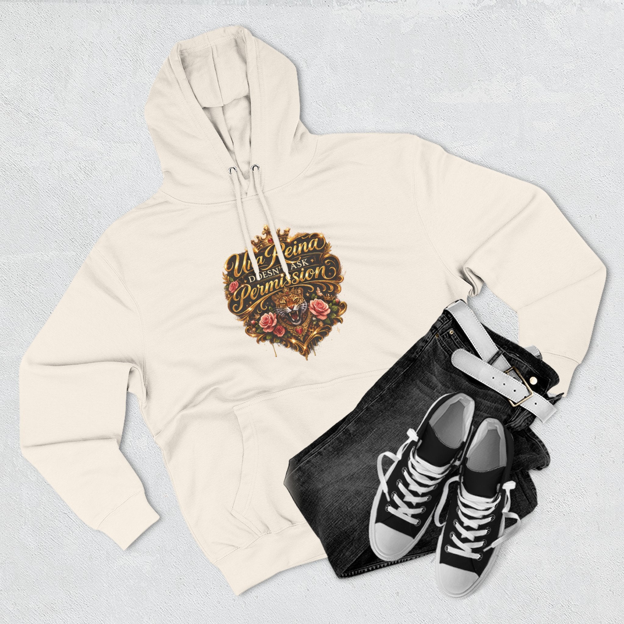 Hoodie — "Una Reina doesn't ask Permission" Floral Vintage Fleece Hoodie