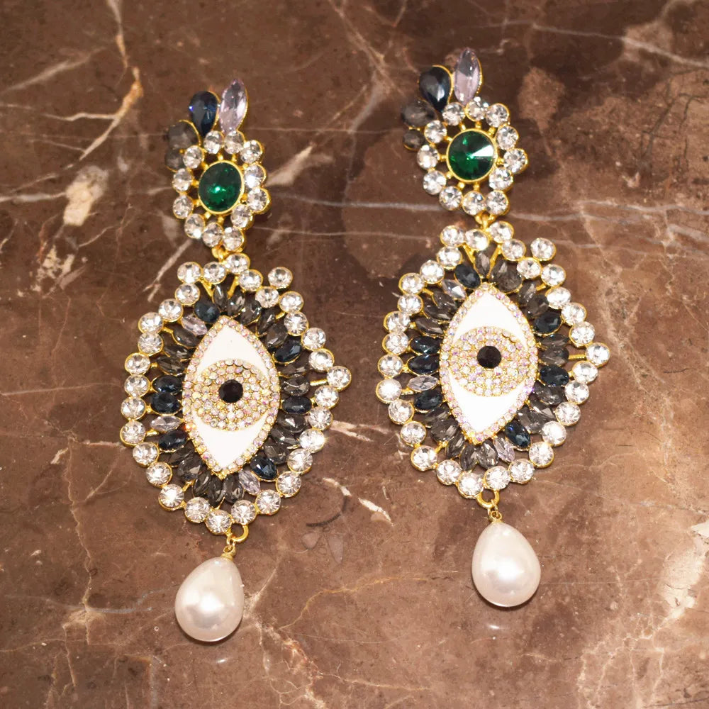 Vintage Ethnic Rhinestone Eyes Pendant Dangle Earrings For Women Fashion Jewelry Baroque Lady Statement Earring Accessories