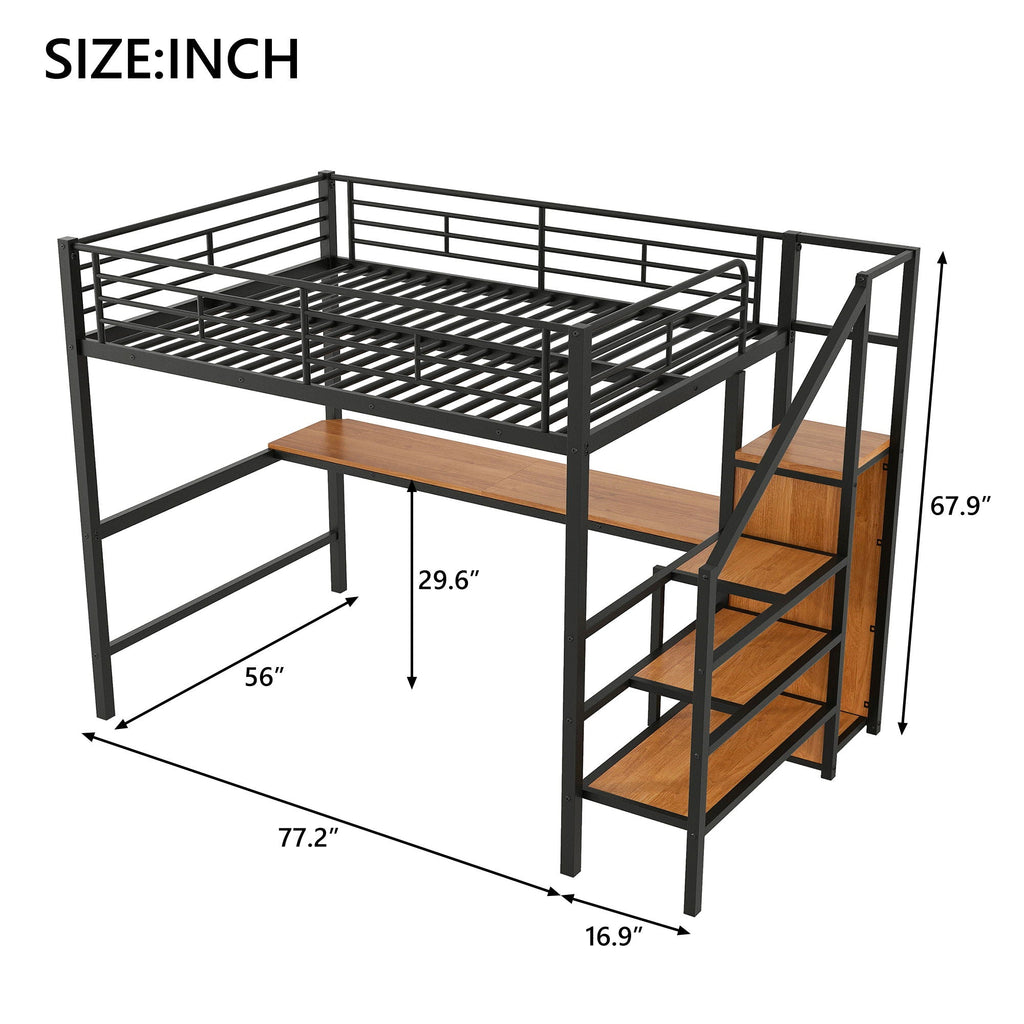 Full Size Loft Bed with Desk, Storage Staircase & Wardrobe - Black or White
