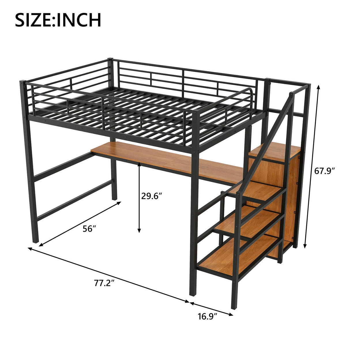 Full Size Loft Bed with Desk, Storage Staircase & Wardrobe - Black or White