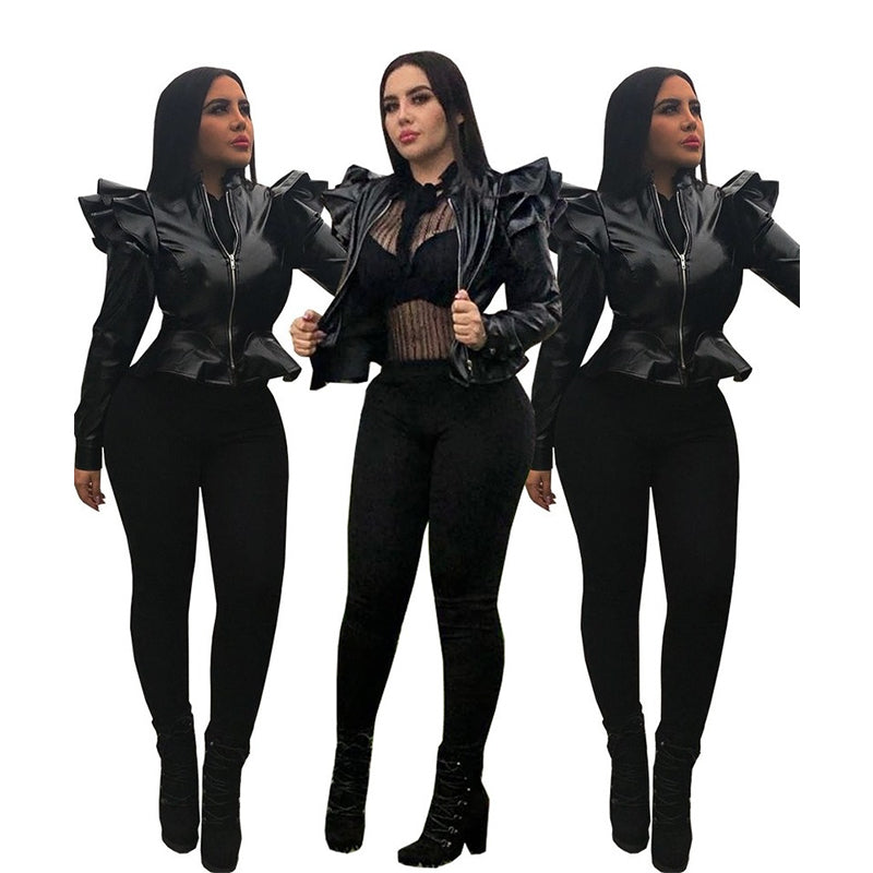 Queen Energy Vegan Leather Casual Women's Ruffled Leather Jacket