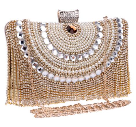 Rhinestones Tassel Clutch | Diamonds Beaded Metal Chain Shoulder Clutch