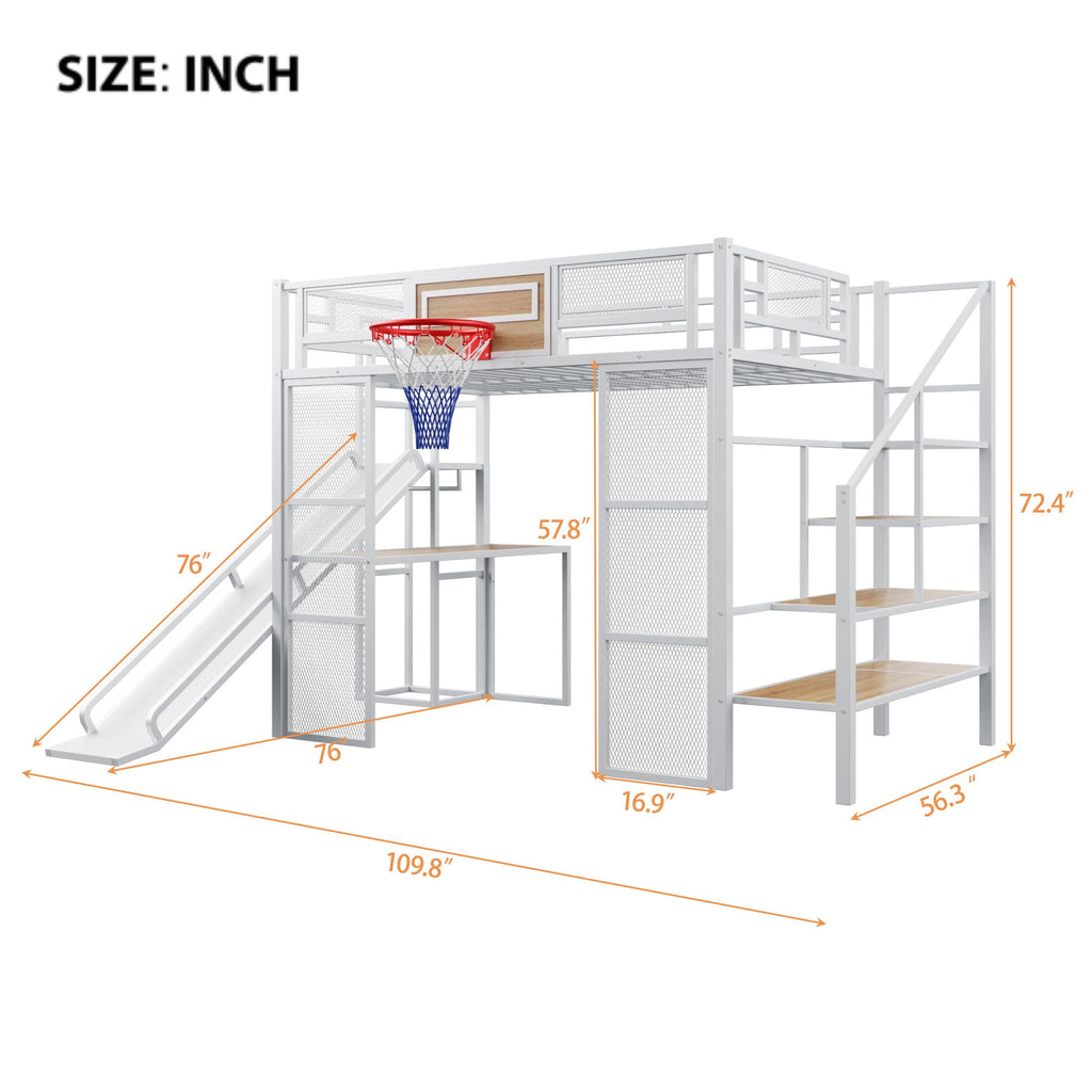 Full Loft Bed with Built-In Desk, Slide & Storage - Black or White