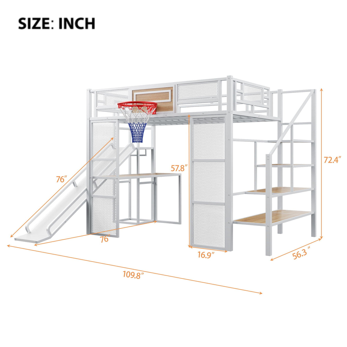 Full Loft Bed with Built-In Desk, Slide & Storage - Black or White