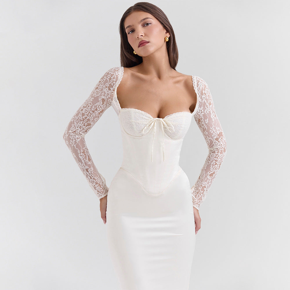 Sexy Lace Spliced Long Sleeve Bodycon Split Maxi Dress