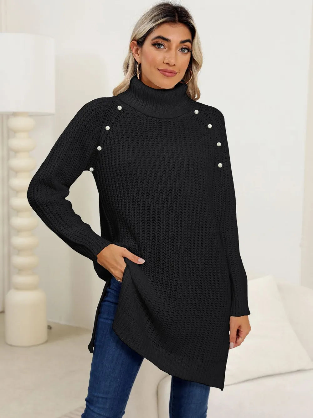 Slit Turtleneck Long-Sleeve Sweater