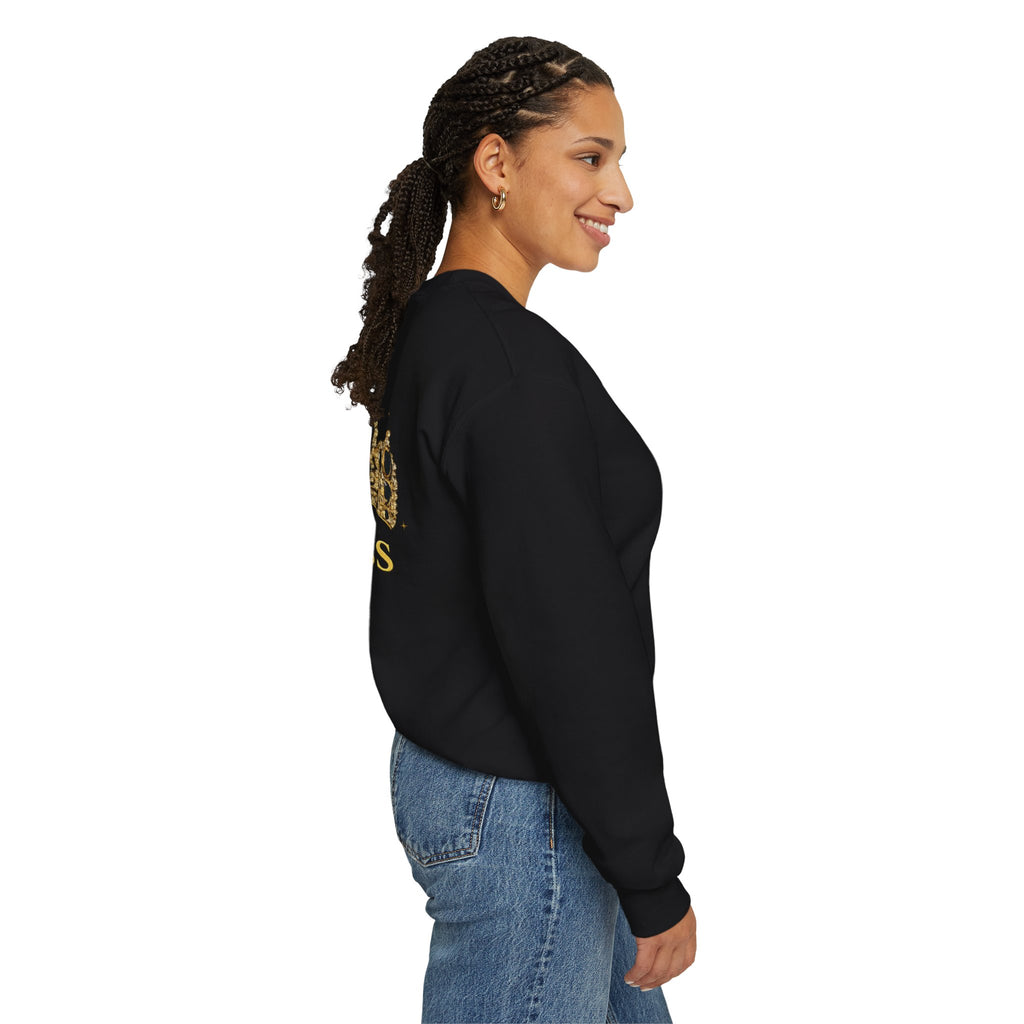 Goddess Era Crown sweatshirt |Black crewneck with gold crown and Talavera sleeve