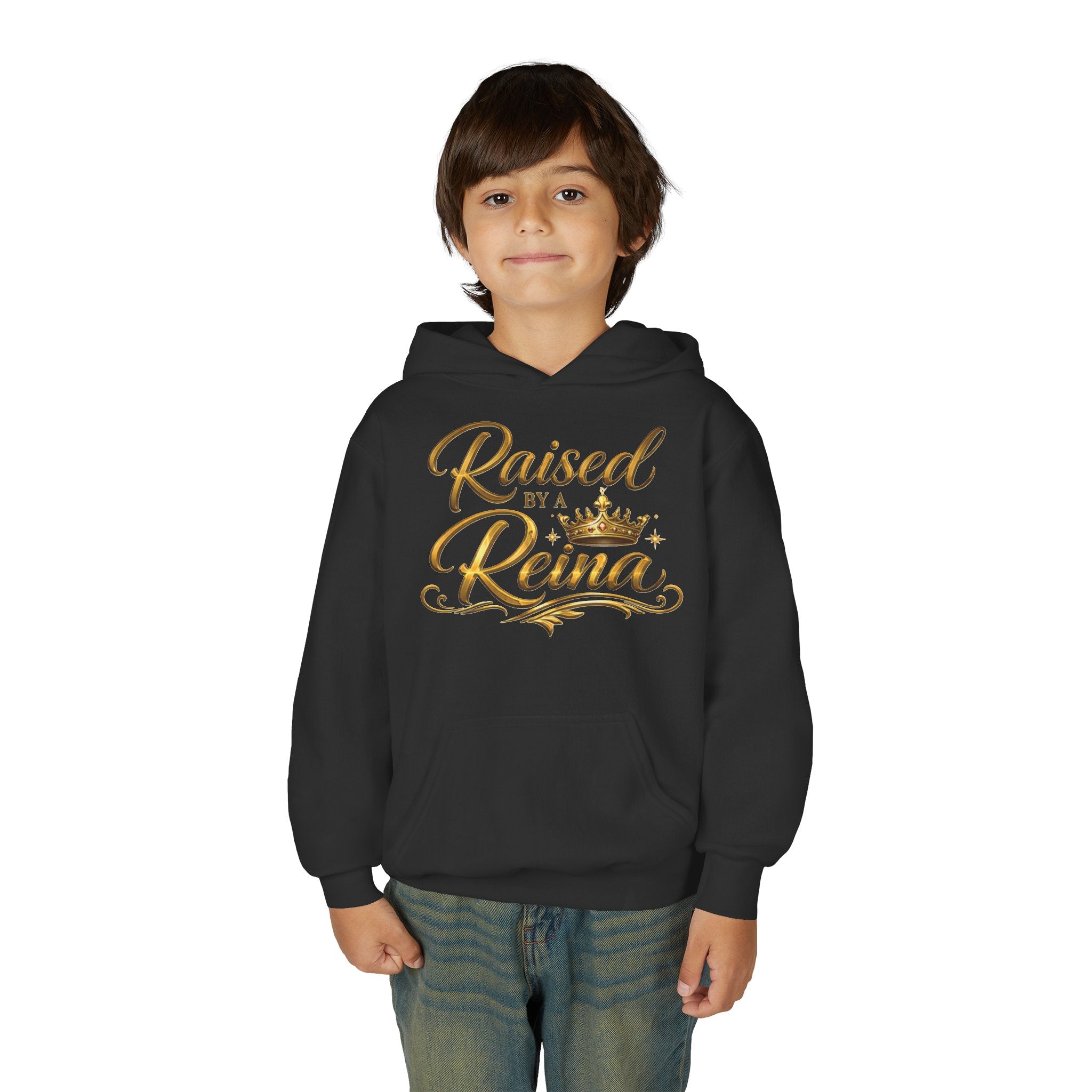 Raised by a Reina Hoodie | Gold Script Crown Youth Hoodie