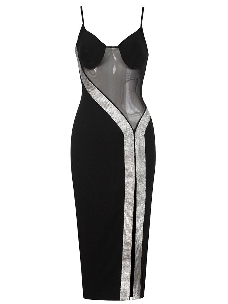 Mesh Panel Spaghetti-Strap Mini Dress