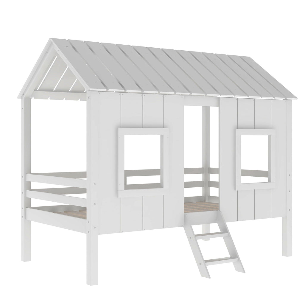 Twin Size Low Loft House Bed with Roof and 2 Front Windows - White