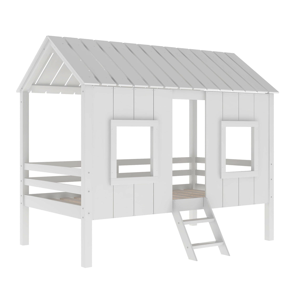 Twin Size Low Loft House Bed with Roof and 2 Front Windows - White