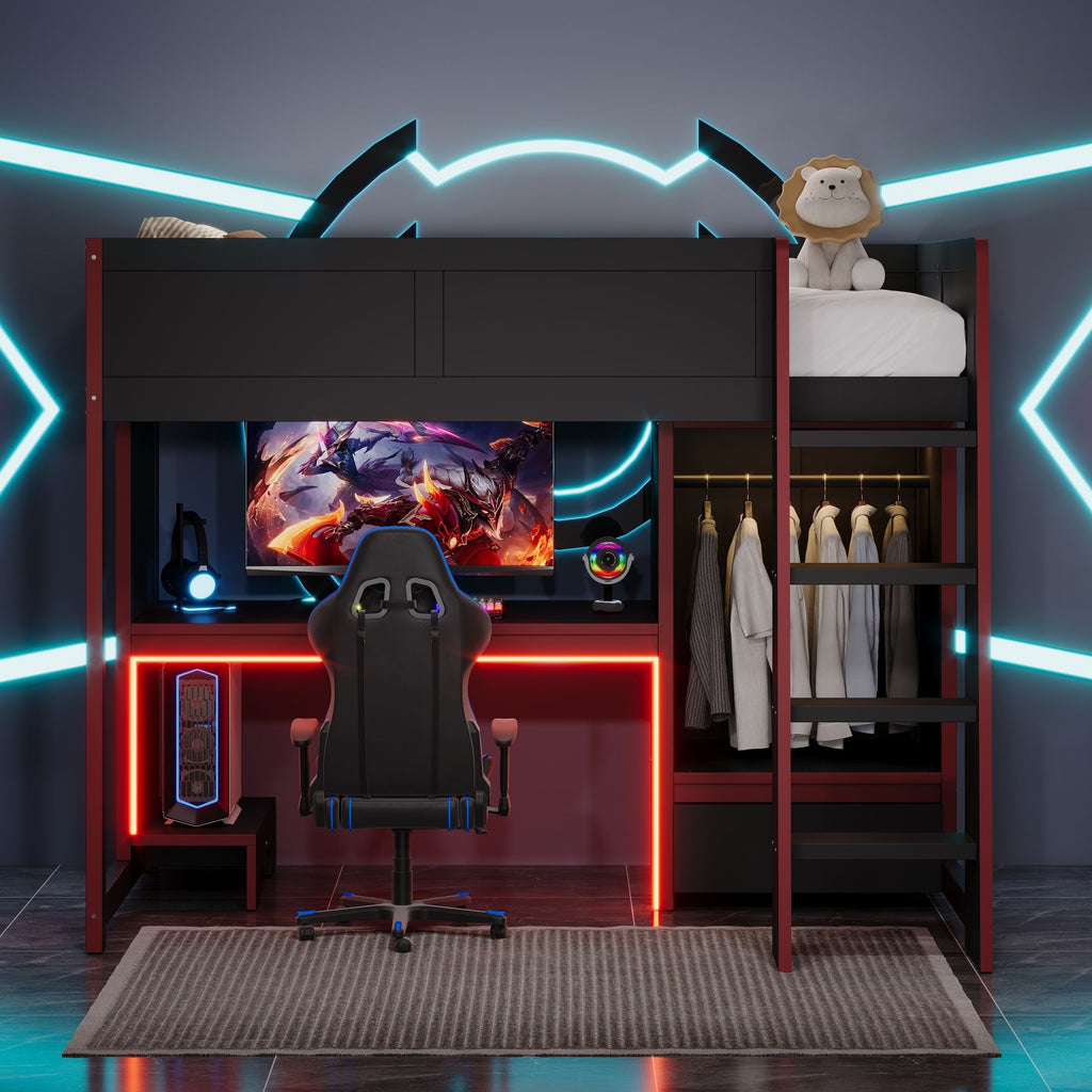 Gaming Loft Bed with Built-In Desk, Wardrobe & LED Lighting - Black