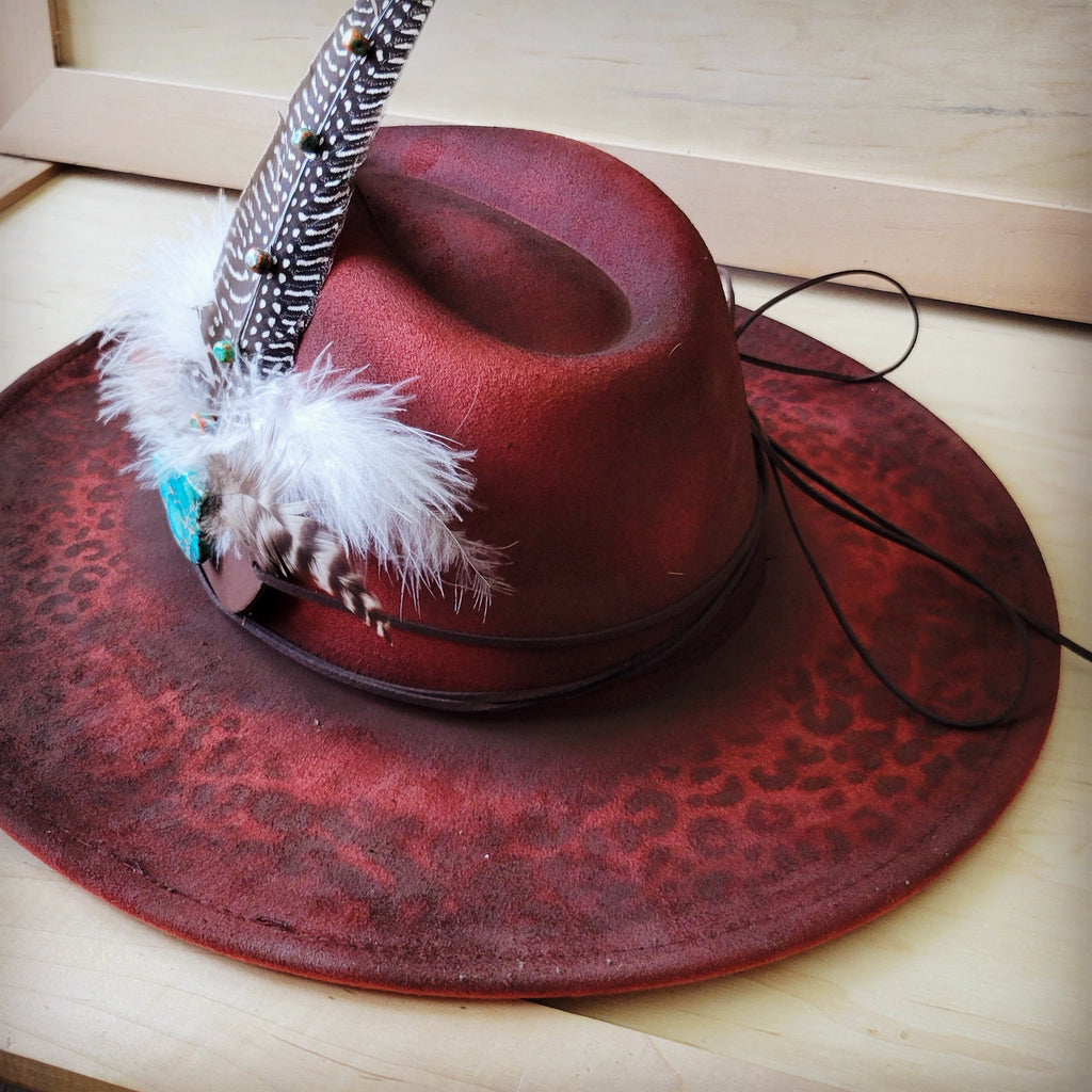 Hand-Painted Leopard Boho Western Cowgirl Hat & Band-Red 987k