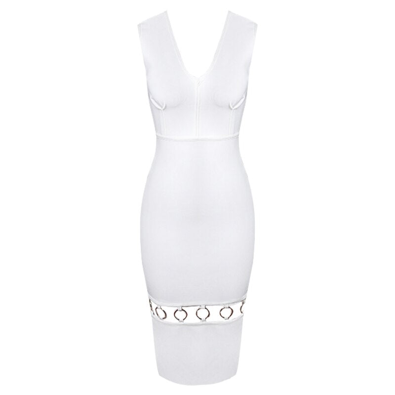 Sexy Sleeveless New Long Length Bandage Dress Women Hollow out V-Neck White Dresses Dress Bodycon Wedding Party Wear