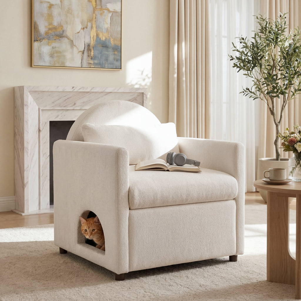 Beige Pet Friendly Accent Chair with Hidden Pet Nook - Acacia Wood