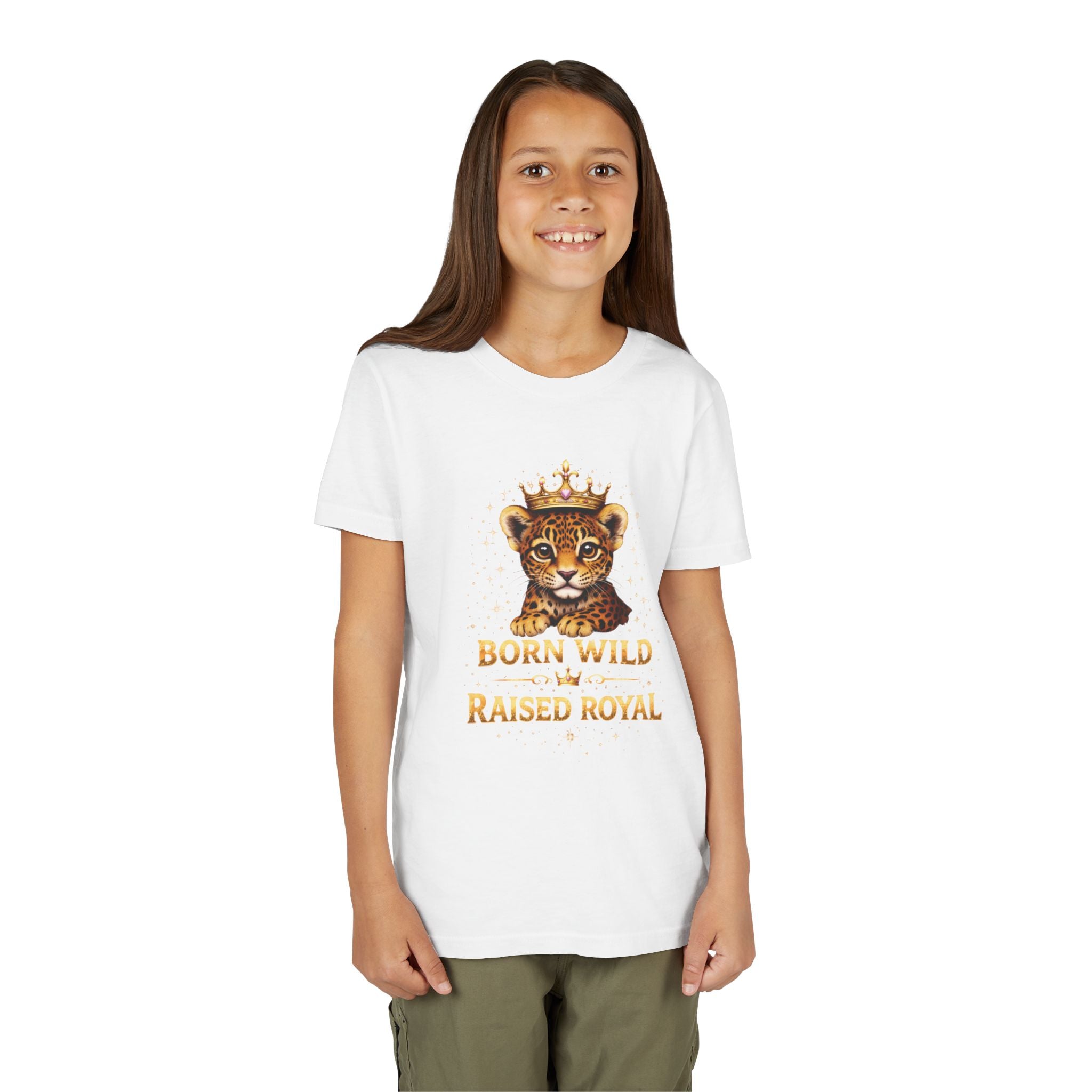 Youth Tee — "Born Wild Raised Royal" Crowned Jaguar Cub Kids T-Shirt