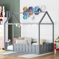 {Slats are not included}Twin Size Wood Bed House Bed Frame with Fence for Kids Teens Girls Boys {Gray}