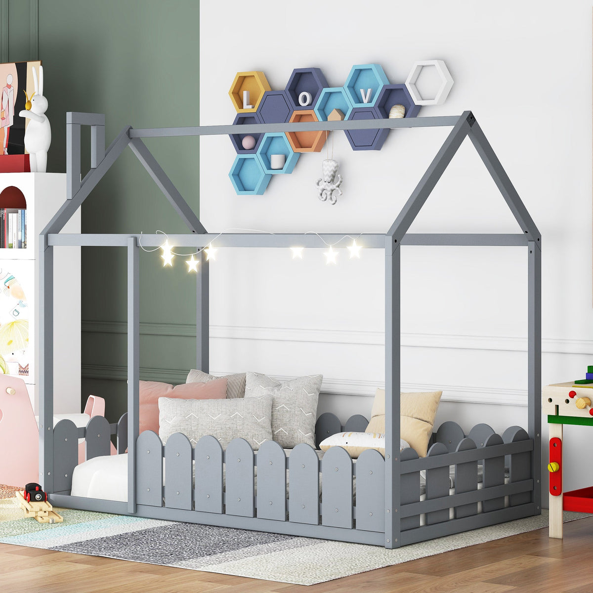 {Slats are not included}Twin Size Wood Bed House Bed Frame with Fence for Kids Teens Girls Boys {Gray}