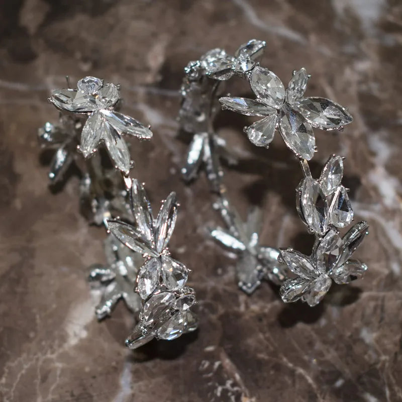Exaggerated New Shiny Rhinestone Flowers Hoop Earrings For Women Jewelry Fashion Show Statement Earrings Accessories Hot Sale