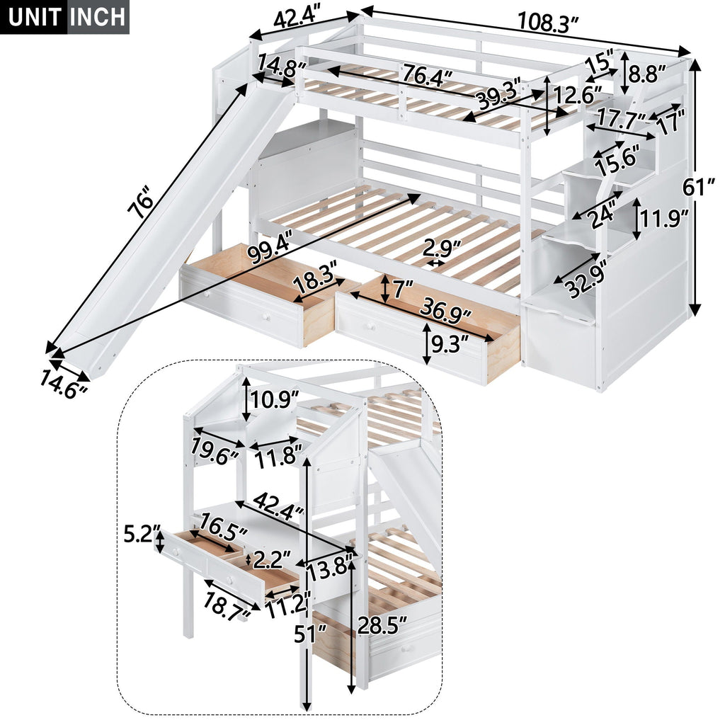 Bunk Bed with Storage Staircase, Slide & Desk - Twin or Full - Dark Gray or White