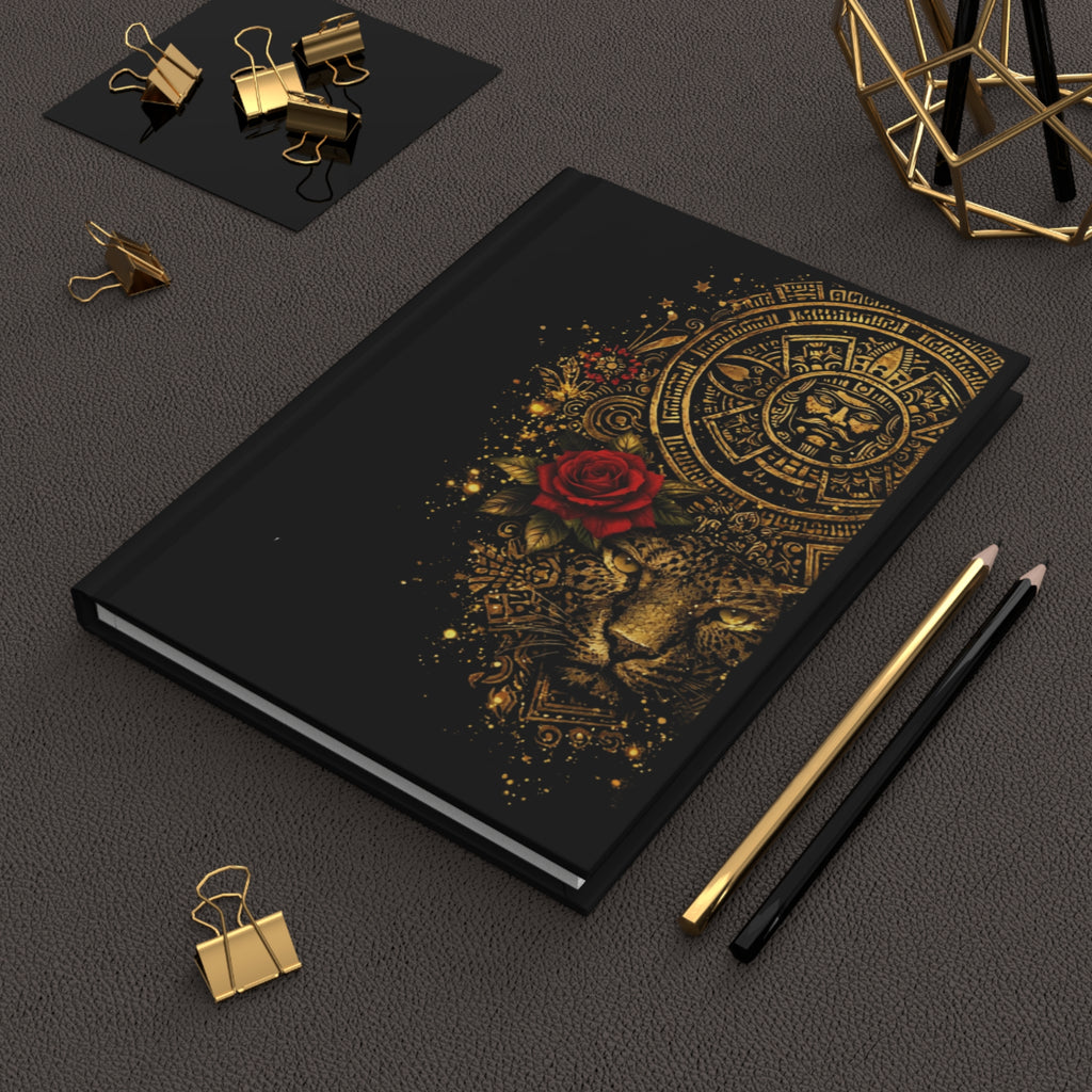 Aztec Lion & Red Rose Hardcover Journal — Gold Ornamental Sketchbook
