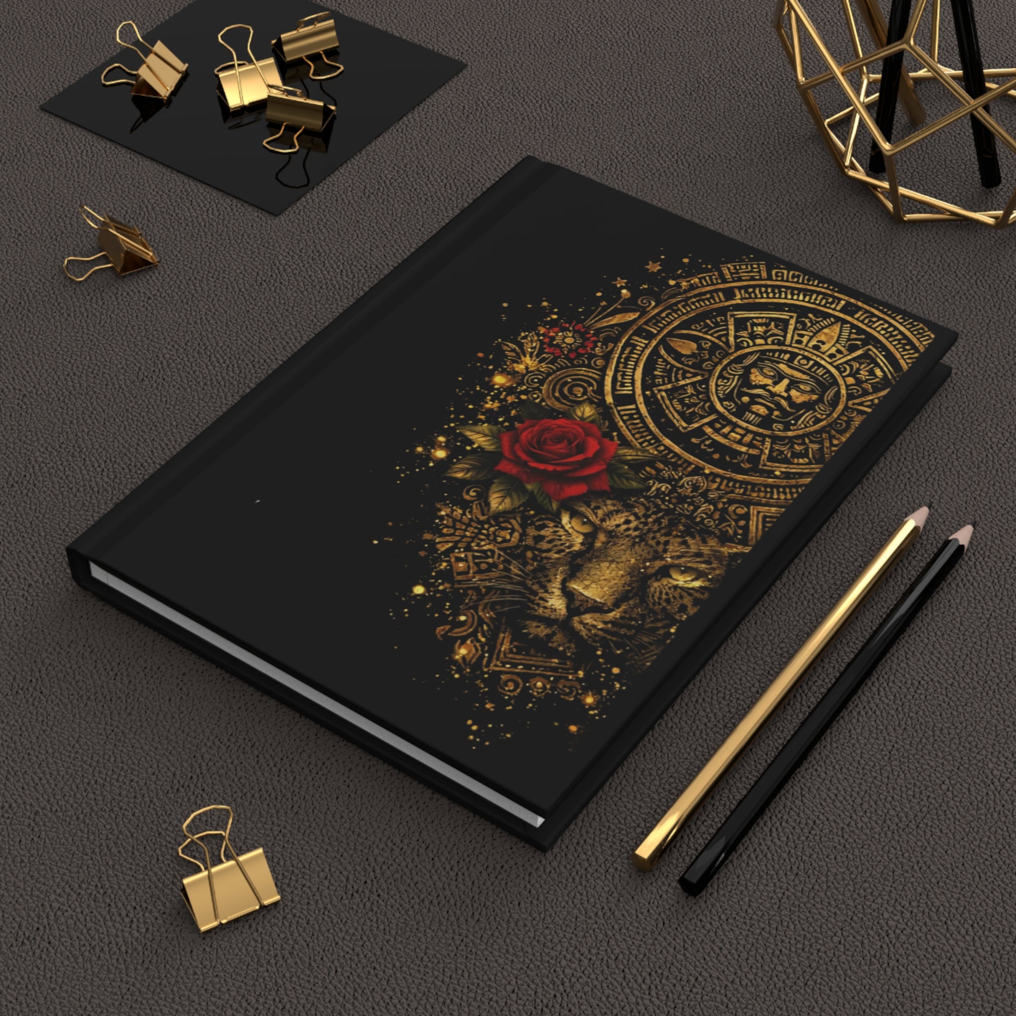 Aztec Lion & Red Rose Hardcover Journal — Gold Ornamental Sketchbook