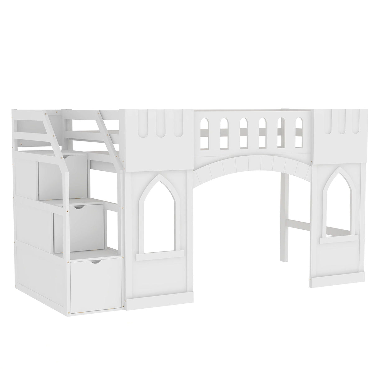 Loft Bed With Storage Staircase and Windows - Twin Size