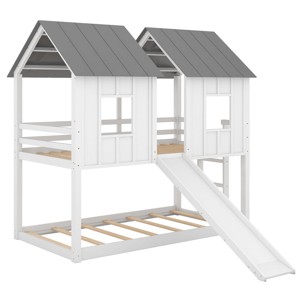House Bunk Bed with Slide and Windows – Twin Over Twin in White/Gray