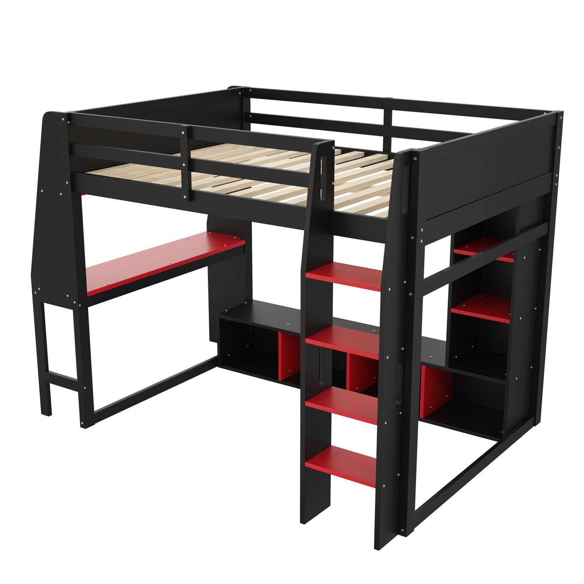 Gaming Loft Bed with Desk and Storage Shelves – LED Lighting – Black or Dark Gray