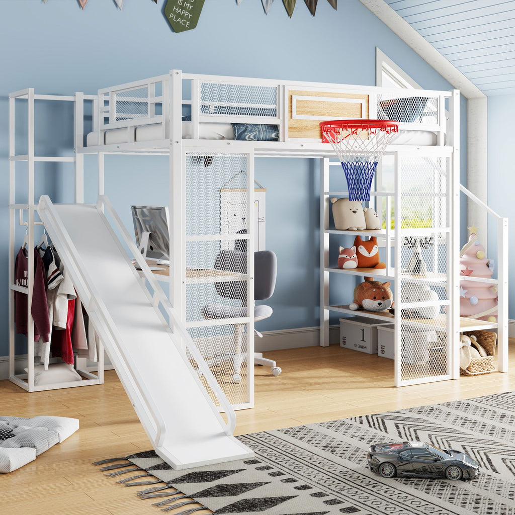 Full Loft Bed with Built-In Desk, Slide & Storage - Black or White